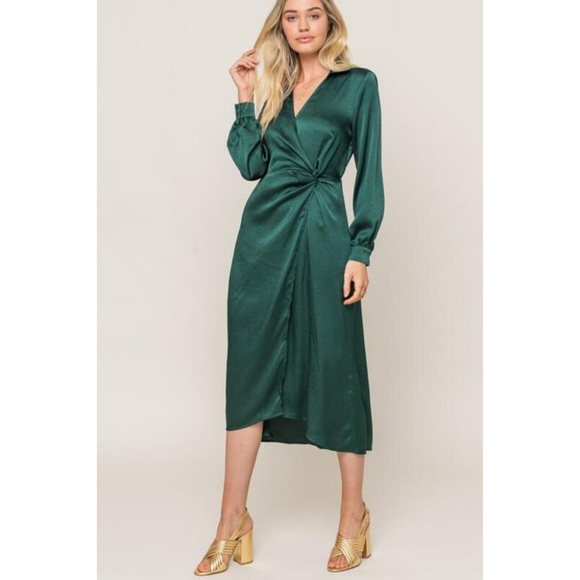 green satin long sleeve wrap dress